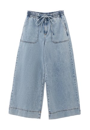 Lichtblauwe denim culottes met brede pijpen, elastische tailleband, trekkoord en twee voorzakken. Gekenmerkt door zichtbare stiksels en een ontspannen pasvorm.
