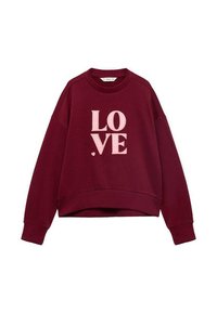 Bordeauxfarbener Sweatshirt mit einem verkürzten Design, das einen hellrosa gestickten "LOVE"-Text zeigt. Aus weichem Material und mit gerippten Bündchen.