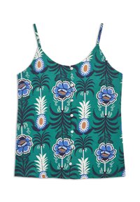 Haut vert sans manches avec fines bretelles, boutons à l'avant, et motifs floraux et feuillages bleus, blancs et bruns.