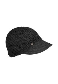 Gorra negra tejida con corona redondeada, visera curva y superficie texturada. Presenta un pequeño acento de logo metálico en el lado.