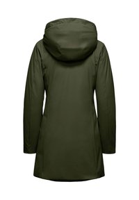 Olijfgroene capuchonjack met een gladde textuur, featuring een fitted silhouet, lange mouwen en een middellange snit.