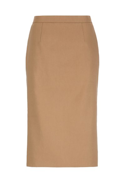 Beige knælængde blyantsnederdel med høj talje og subtile sømdetaljer foran.