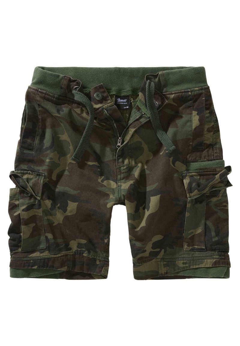 Pantalones cortos de camuflaje con una cinturilla elástica verde, cordón ajustable y bolsillos cargo en los lados. Hechos de material de algodón duradero.