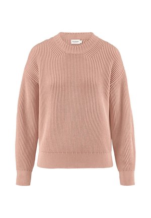 Lichtroze gebreide trui met een ribbeltextuur, ronde hals en verlaagde schouders. Heeft een aansluitende onderrand en lange mouwen.
