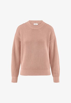 Lichtroze gebreide trui met een ribbeltextuur, ronde hals en verlaagde schouders. Heeft een aansluitende onderrand en lange mouwen.