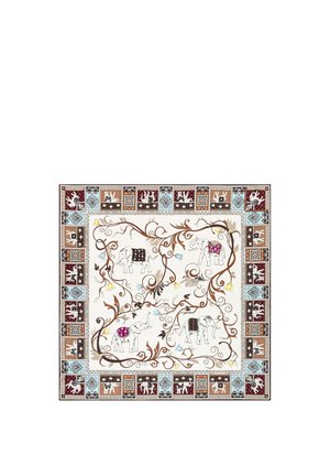 Square scarf with ornate brown vine patterns and colorful elephants wearing decorative blankets on a cream background, bordered by geometric elephant motifs.