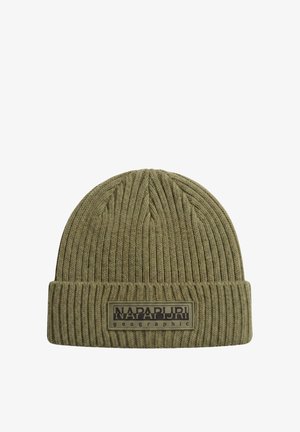 Olive green ribbed knit beanie hat with folded cuff and rectangular Napapijri Geographic logo patch on front center.