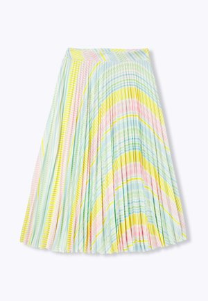 Jupe midi plissée avec des rayures diagonales et courbes pastel jaune, rose, bleues et vertes sur fond blanc.