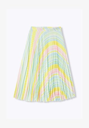 Jupe midi plissée avec des rayures diagonales et courbes pastel jaune, rose, bleues et vertes sur fond blanc.