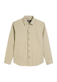 Beige langwerpig overhemd met knoopsluiting aan de voorkant, twee borstzakken en een klassieke kraag; vervaardigd uit een gladde stof met een iets gestructureerde afwerking.