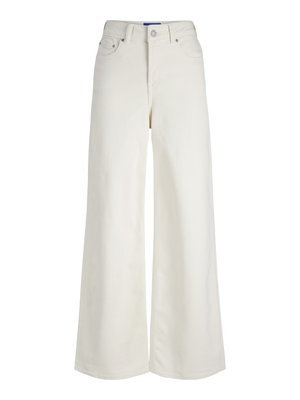 Witte denim jeans met hoge taille en brede pijpen, voorop met knoop- en ritssluiting, riemlussen en zakdetails.