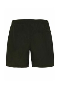 Schwarze Herren-Badeshorts mit elastischem Bund und Reißverschlusstasche hinten, von hinten auf weißem Hintergrund dargestellt.