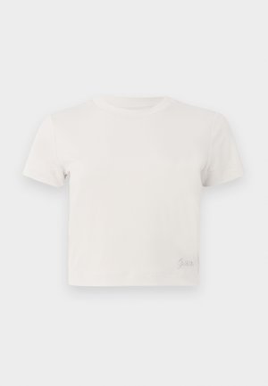T-shirt bianco corto a maniche corte con colletto rotondo e un piccolo logo "Guess" in strass vicino all'orlo sul lato sinistro.