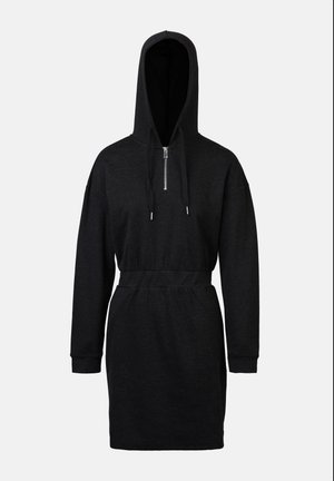Rochie neagră cu glugă, cu mâneci lungi, șnur ajustabil, închidere cu fermoar și talie elastică. Fabricată dintr-un material moale și texturat.