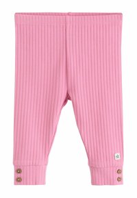 Leggings de bebé de color rosa con canalé, con detalles de botones en los puños de los tobillos y un pequeño parche de estrella azul cerca del dobladillo.