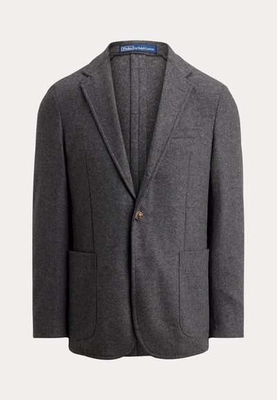 Donkergrijze colbert met enkelrij knopen, met ingesneden revers, twee grote voorzakken met klep, een knoopsluiting en een Polo by Ralph Lauren-label aan de binnenkant van de kraag.