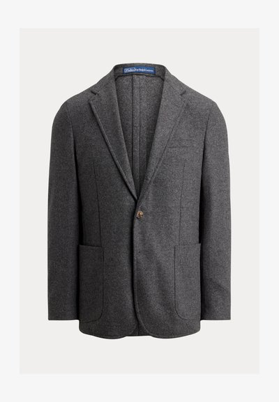 Donkergrijze colbert met enkelrij knopen, met ingesneden revers, twee grote voorzakken met klep, een knoopsluiting en een Polo by Ralph Lauren-label aan de binnenkant van de kraag.
