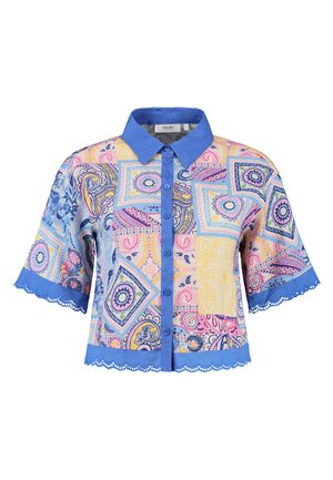 Blůza s krátkým rukávem s vícolorovým paisley vzorem, modrým límcem a vykrojeným lemem s knoflíkovým zapínáním. Lehká tkanina.