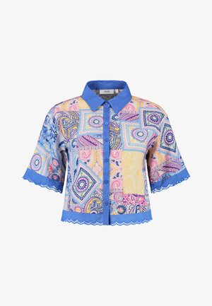 Īsām piedurkņu blūze ar daudzkrāsainu paisley rakstu, zilu apkakli un viļņotu apakšmalu ar pogu aizdari. Viegls audums.