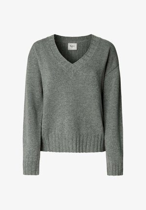 Suéter de punto gris con escote en V, puños y dobladillo acanalados. Textura suave, corte holgado y diseño minimalista sin patrones ni acentos.