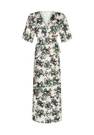 Robe longue en tissu léger, présentant un imprimé floral vert et marron sur un fond clair, avec un décolleté en V et des manches courtes.