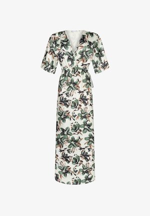 Maxi-jurk van lichtgewicht stof, met een groen-bruine bloemenprint op een lichte achtergrond, voorzien van een V-hals en korte mouwen.