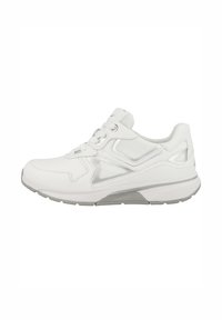 Baskets de sport blanches avec un extérieur en cuir et en maille, bout rond, design à lacets, accents gris et semelle rembourrée.