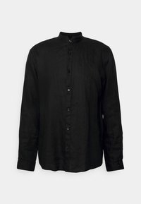 Camicia in lino nera a maniche lunghe con colletto alla cinese, chiusura frontale con bottoni e vestibilità rilassata. Tessuto morbido e design minimale.