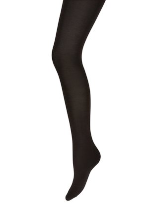 Calze opaque nere con una texture liscia, che coprono la gamba dalla punta fino alla coscia, caratterizzate da un design senza cuciture e prive di motivi o decorazioni.