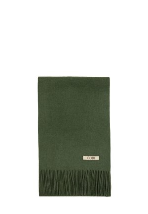 Dark green wool scarf with fringed edges and a small cream label reading "GOBI" at the bottom corner. Soft texture, rectangular shape.