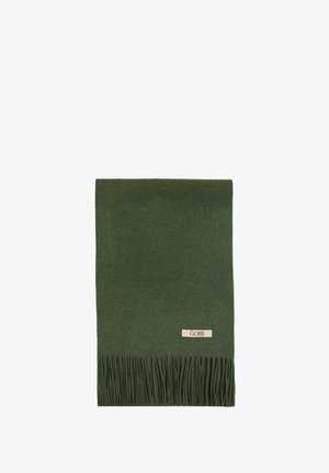 Dark green wool scarf with fringed edges and a small cream label reading "GOBI" at the bottom corner. Soft texture, rectangular shape.