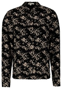 Camicia nera con bottoni, decorata con un motivo floreale in toni crema, maniche lunghe e colletto. Realizzata in tessuto leggero.