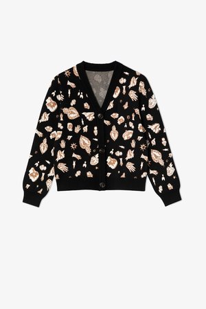 Černý cardigan s vzorem zlatých a bílých abstraktních tvarů, s výstřihem do V, zapínáním na knoflíky a žebrovanými manžetami a lemem.