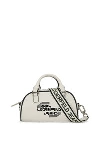 Borsa bianca con dettagli neri, forma arrotondata, manico superiore e tracolla staccabile. Presenta il logo "Karl Lagerfeld Jeans" ben in evidenza.