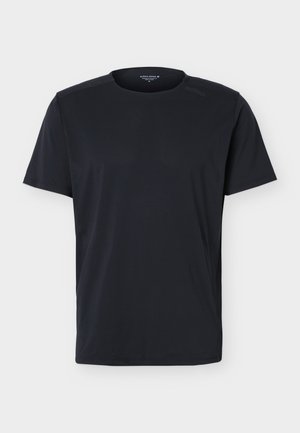 Czarny t-shirt z krótkim rękawem i okrągłym dekoltem, z subtelnym logo na lewym ramieniu i gładkim przodem.