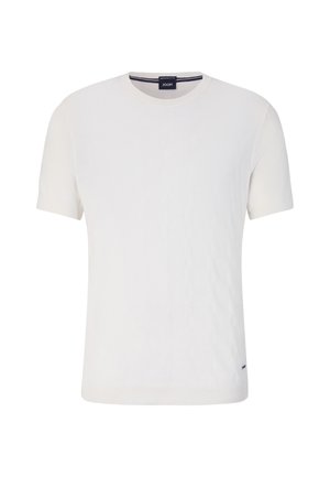 White short-sleeve sweater with a textured zigzag pattern, round neckline, and a small brand tag on the lower side.