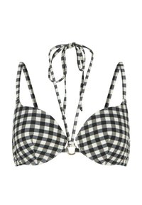 Soutien-gorge de bikini à carreaux noir et blanc avec des straps réglables, des bonnets triangulaires et un détail en anneau doré au centre.