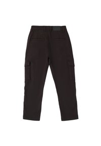 Black cargo pants made of durable fabric, featuring two side pockets, two back pockets, and a button closure at the waist.