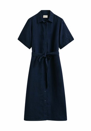 Marineblaues Midikleid mit kurzen Ärmeln, Kragen, vorderen Knöpfen und einem Stoffgürtel, der in der Taille gebunden ist.