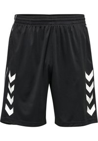 Pantalones cortos deportivos negros fabricados con un tejido ligero y de textura suave. Presentan acentos en forma de chevrón blancos en ambos lados y una cintura elástica.