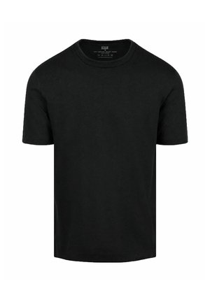 Plain black short-sleeve cotton T-shirt with round neck and standard fit, shown on a white background.