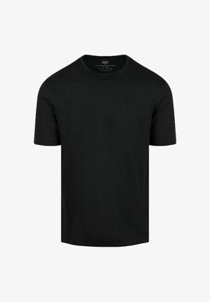 Eenvoudig zwart katoenen T-shirt met korte mouwen, ronde hals en standaard pasvorm, getoond op een witte achtergrond.