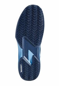 Suela de zapato deportivo azul con un patrón de banda de rodadura en zigzag, con un acento lateral azul liso y un prominente logotipo de Michelin.