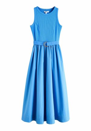 Mouwloze blauwe midi-jurk met aansluitend lijfje, ronde hals, bijpassende stoffen riem met gouden gesp en geplooide rok.