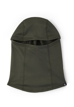 Olivengrøn balaclava med synlige sømme og en åbning til øjnene, lavet af glat, elastisk stof.
