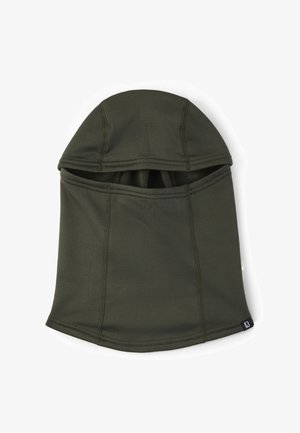 Olivengrøn balaclava med synlige sømme og en åbning til øjnene, lavet af glat, elastisk stof.
