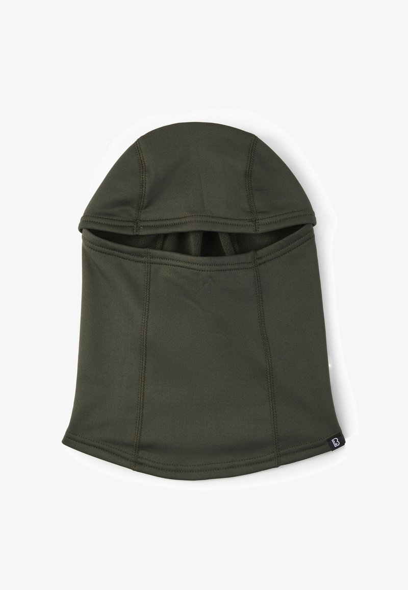 Cagoule vert olive avec coutures visibles et ouverture pour les yeux, en tissu lisse et extensible.