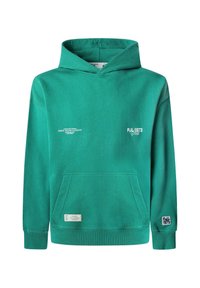 Sudadera verde con capucha, con un bolsillo tipo canguro, puños y dobladillo acanalados. Presenta texto de logo blanco en el pecho y la manga para la marca.