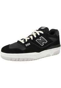 Black suede and mesh sneaker with white laces, featuring a prominent 'N' logo and '550' branding, and a textured rubber sole.