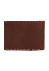 Brązowy skórzany portfel o gładkiej fakturze, minimalistycznym designie i kontrastowym przeszyciu. Charakteryzuje się smukłym profilem bez widocznych elementów metalowych.